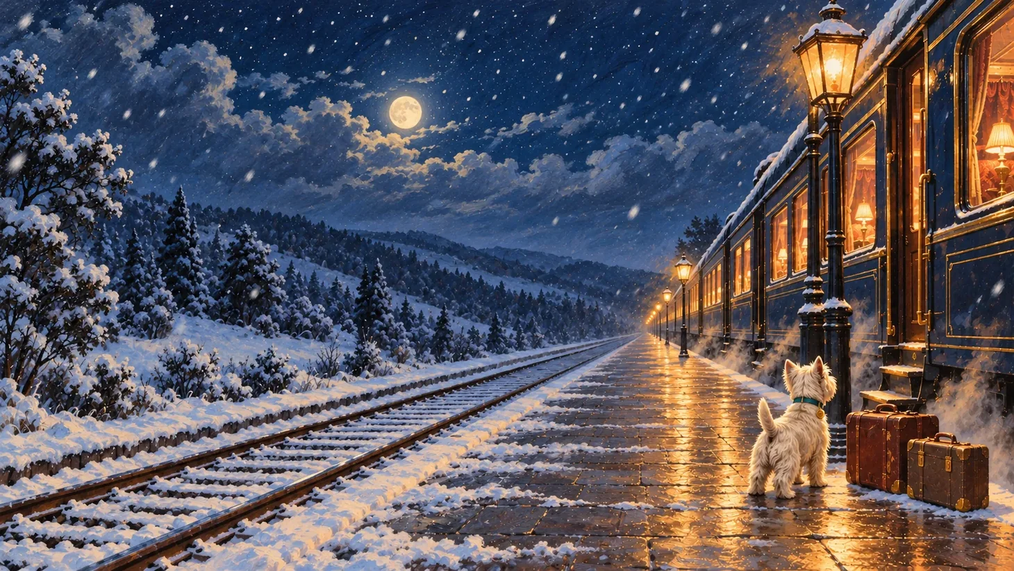 Milo on a snowy platform beside the illuminated night train