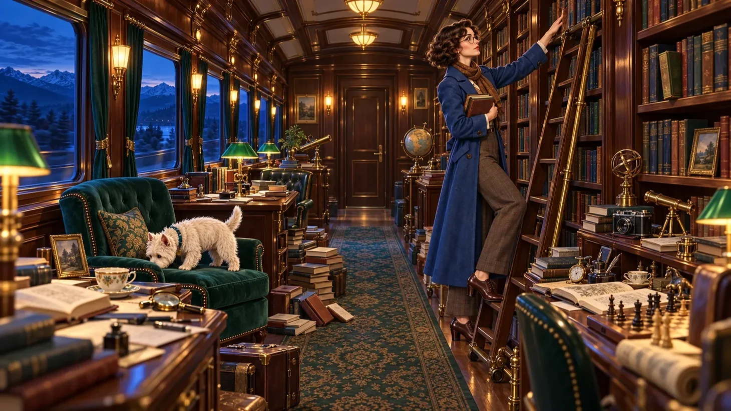 A richly illustrated library carriage hiding many objects
